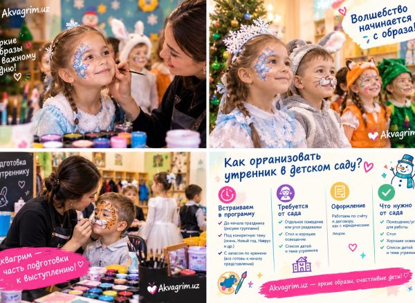 Художник Akvagrim.uz рисует детям на утреннике в детском саду, Ташкент