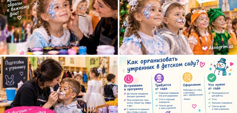 Художник Akvagrim.uz рисует детям на утреннике в детском саду, Ташкент