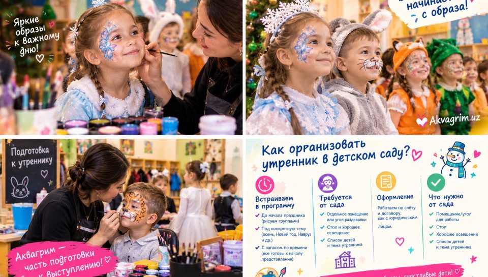 Художник Akvagrim.uz рисует детям на утреннике в детском саду, Ташкент
